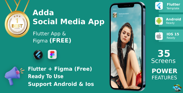 Adda ANDROID + IOS + FIGMA | UI Kit | Flutter | Social Media App | Free Figma Flutter  Mobile 