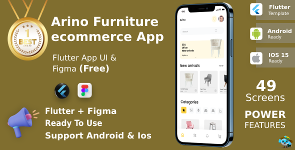 Arino ANDROID + IOS + FIGMA | UI Kit | Flutter | Furniture Ecommerce App | Free Figma File    