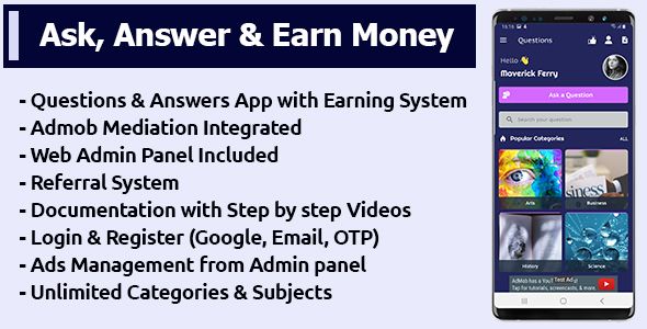 Ask & Answer to Earn Money App with Admin Panel Android Mobile Full Applications