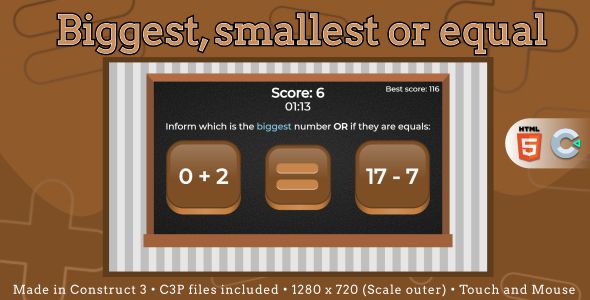 Biggest, smallest or equal - HTML5 Math game    Games