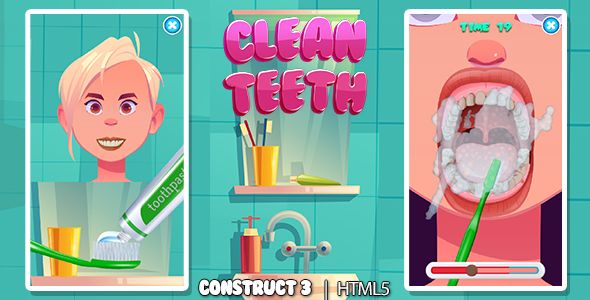 Clean Teeth Game (Construct 3 | C3P | HTML5) Brush Teeth Faster   Mobile Games