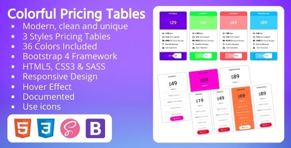 Colorful Pricing Tables – HTML, CSS, SASS & Bootstrap - code.market