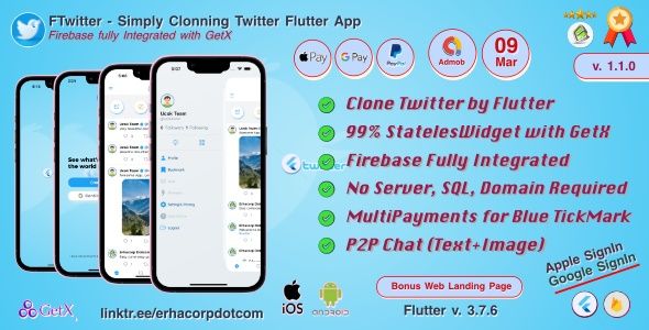 FTwitter - Clone Simply Twitter Flutter App with Multi Payments | Firestore | GetX Flutter  Mobile Full Applications