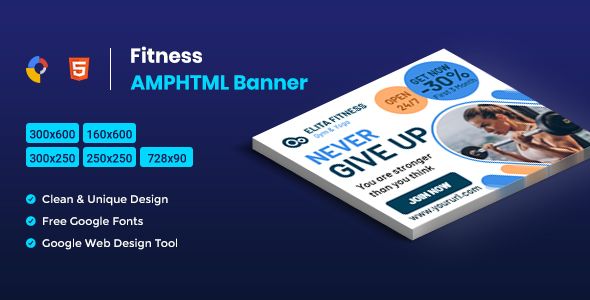 Fitness AMPHTML Banners ads template    Ad Templates