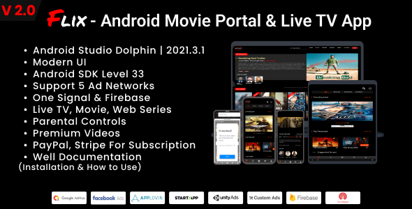 Flix- Android Movie Portal App, Live TV with Subscription System- AdMob, Facebook Also    
