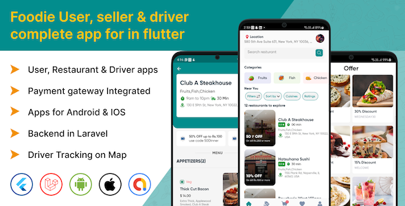 Foodie User, seller & driver complete app for in flutter Flutter  Mobile Full Applications