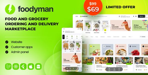 Foodyman - Multi-Restaurant Food and Grocery Ordering and Delivery Marketplace (Web & Customer Apps) Flutter Food Mobile Full Applications