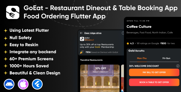 GoEat Dineout - Restaurant Table Booking App | Food Ordering Restaurant Offers & Dineout Flutter App Flutter Food Mobile Templates