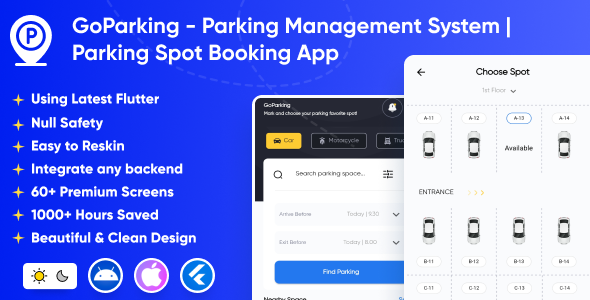 GoParking - Parking Management System | Parking Spot Booking App | Pay Car Parking | Flutter UI App Flutter  Mobile Templates
