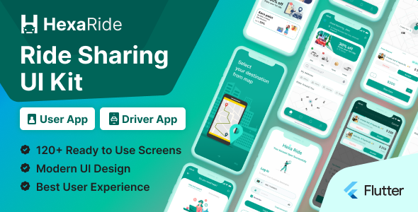 HexaRide Taxi or Ride Sharing App Flutter UI Kit Flutter  Mobile 