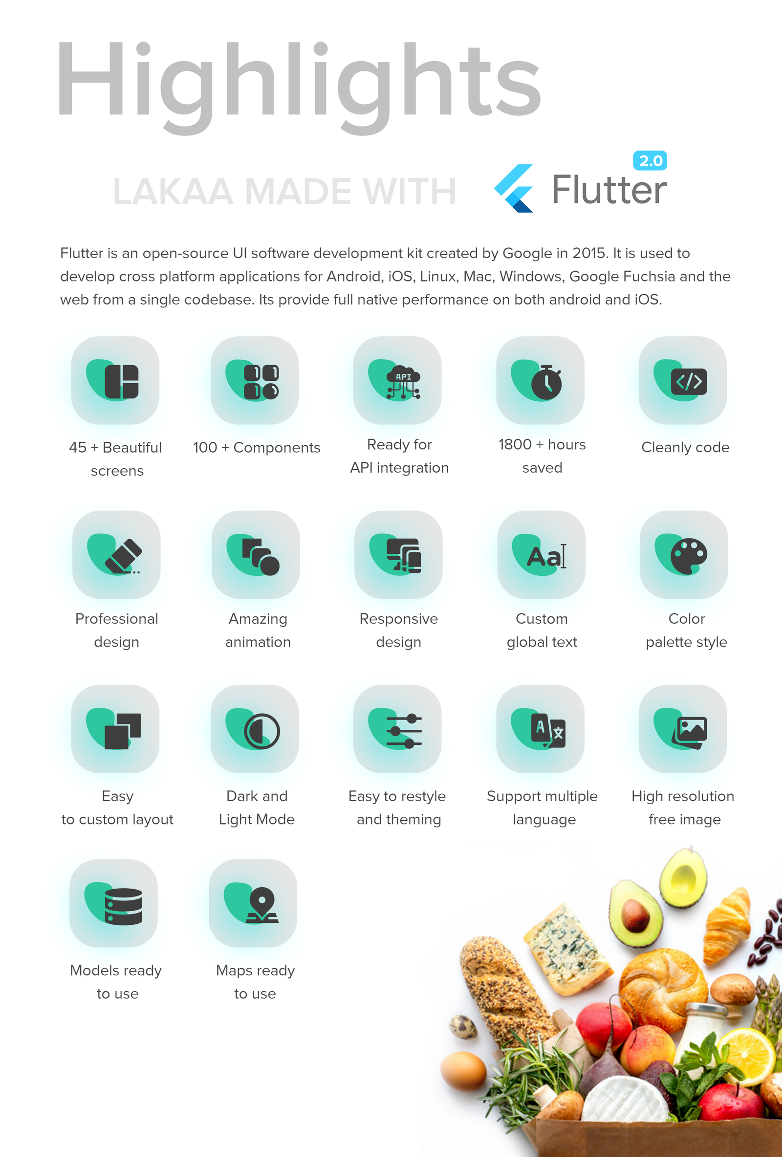 Lakaa food delivery app highlights - flutter ui kit design