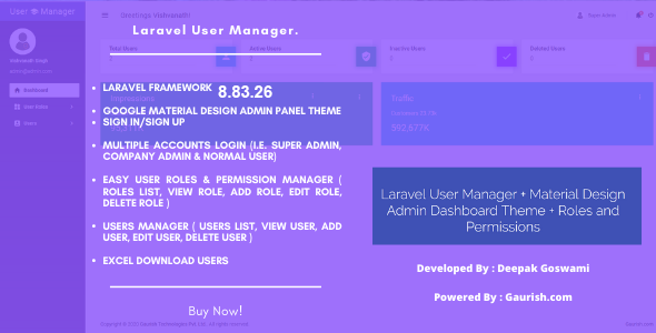 Laravel User Manager + Material Design Admin Dashboard Theme + Roles and Permissions    