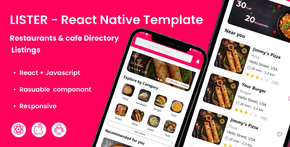 Lister - Restaurants Directory React Native Mobile App Template | Android & iOS    