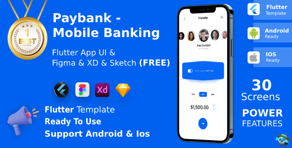 Mobile Banking App | UI Kit | Flutter | Figma + Sketch + XD FREE | PayBank Flutter  Mobile 