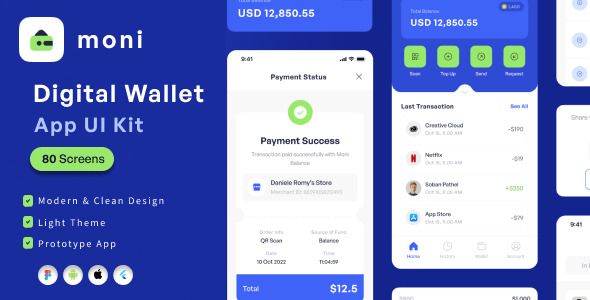 Moni - Digital Wallet Flutter App Ui Template(Figma Included) Flutter  Mobile 