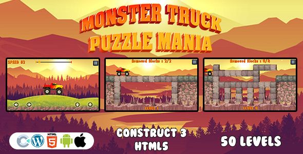 Monster Truck Puzzle Mania Game (Construct 3 | C3P | HTML5) Racing and Puzzle Game with 50 Levels   Mobile Games