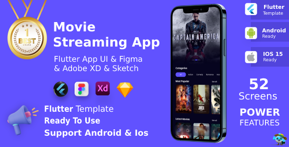 Movie Streaming App ANDROID + IOS + FIGMA + XD + SKETCH | UI Kit | Flutter image