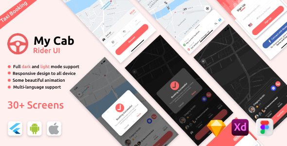 My Cab Android + iOS +Figma + Sketch + XD | Flutter | Rider Taxi Booking Flutter  Mobile 