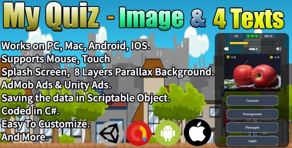 My Quiz - Image & 4 Texts (Unity Complete Project + AdMob Ads & Unity Ads)    