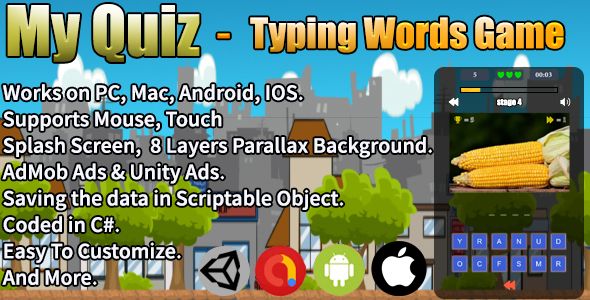 My Quiz - Typing Words Game (Unity Complete Project + AdMob Ads & Unity Ads)    