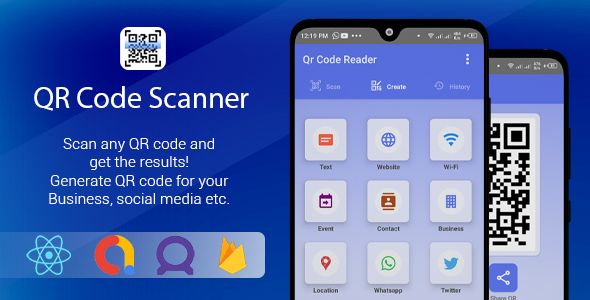 QR Code Scanner & Generator with Admob & Facebook Ads Android, React native Code Mobile Full Applications