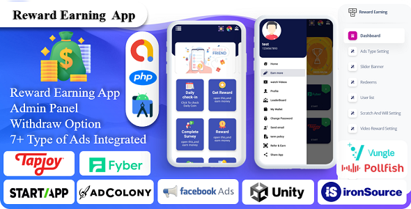 Reward Earning - Earning App Reward Lucky Wheel Tic-Tac Multiple Ads Integration with Admin Panel    