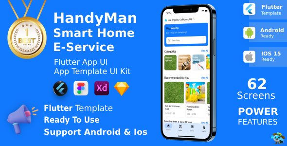 Smart Home E-Service ANDROID + IOS + Figma + XD + Sketch | Flutter | Handyman Flutter  Mobile 