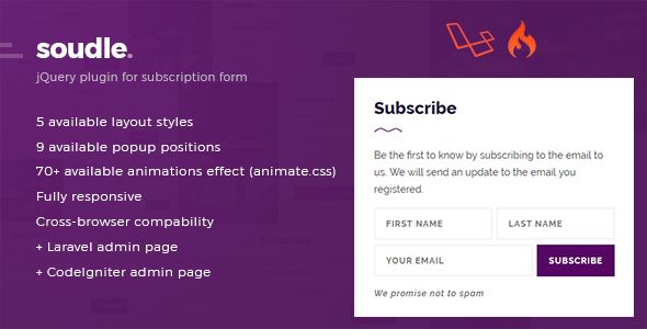 Soudle.js - jQuery Plugin for Subscription Form + Laravel & CodeIgniter Admin Panel    