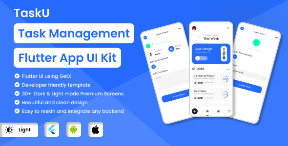 TaskU - Task Management Flutter App UI Kit Flutter  Mobile Templates