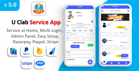 U Clab Service App | Service At Home | Multi Payment Gateways Integrated | Multi Login    