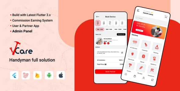 VCare On-Demand Home Services Complete Solution | Customer | Provider | Admin Panel Flutter Mobile Full Applications