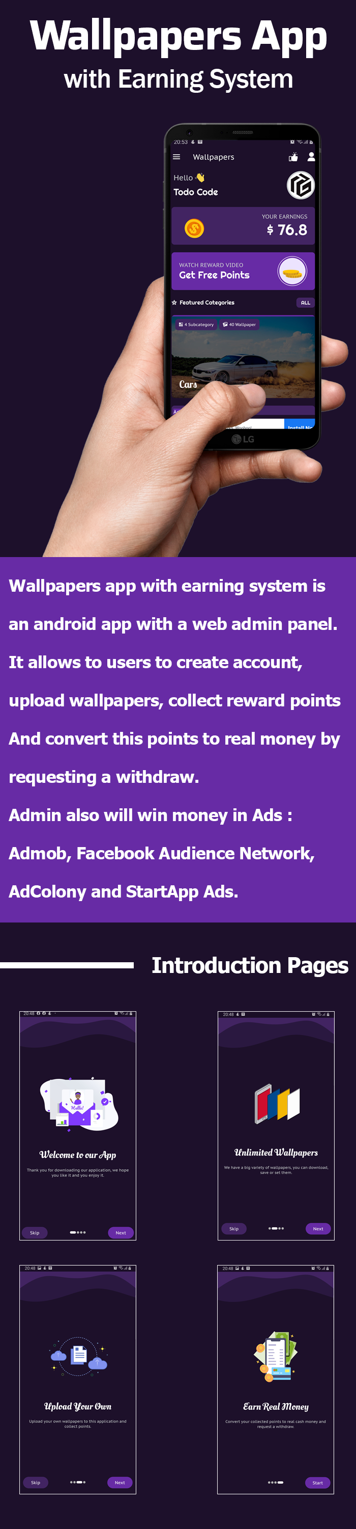 Wallpapers App with Earning system + Admin Panel code.market