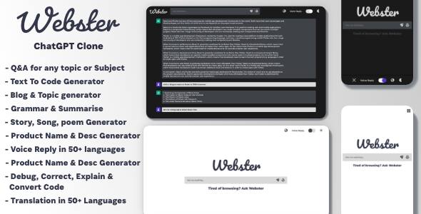 Webster - ChatGPT Clone Text to Code Q&A Blog Generator Grammar Summarise Translate SEO Page Builder  Blog  Seo