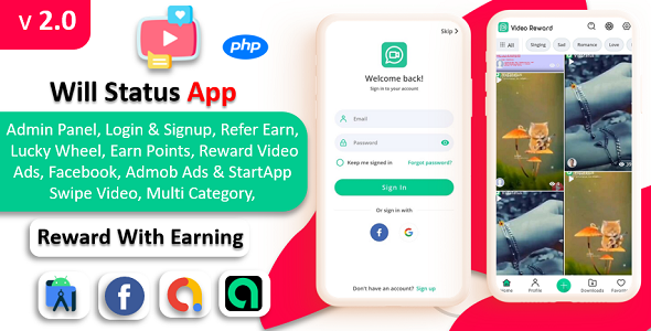 Will Video Status App | Status App with Reward | Facebook & Admob & StartApp Ads | With Admin Panel    