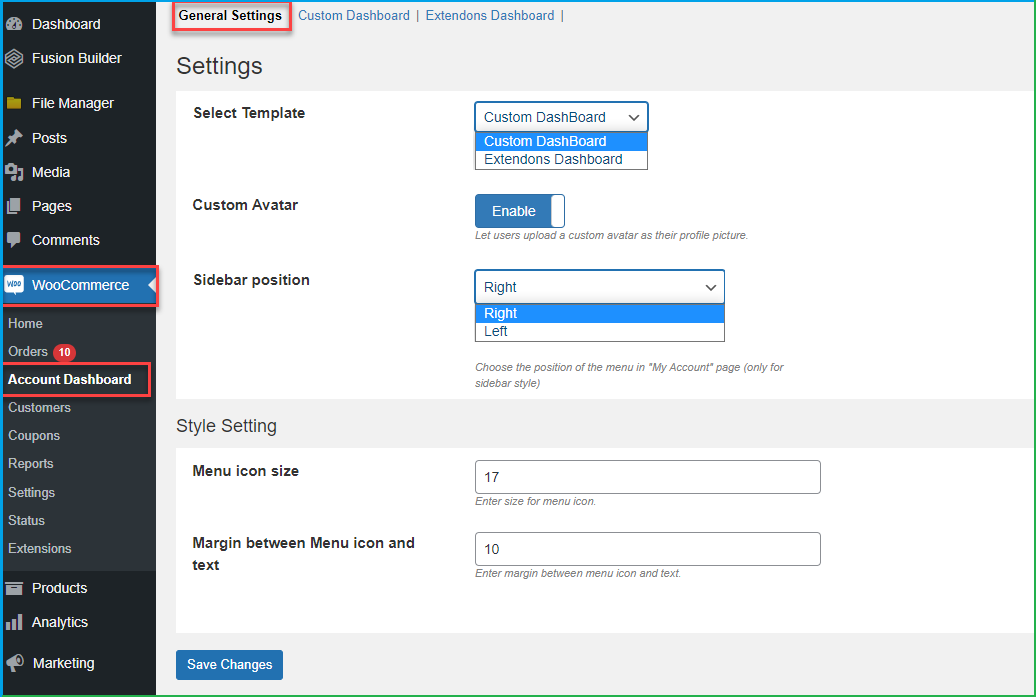 WooCommerce account dashboard