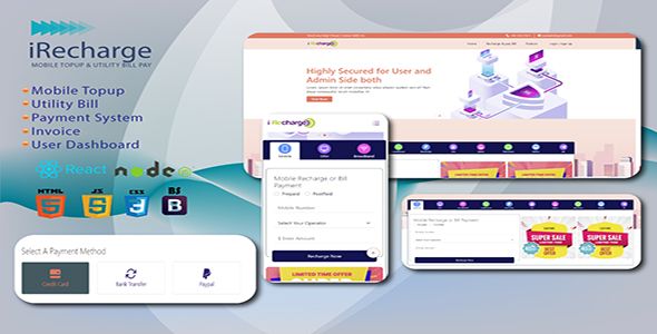 iRecharge - Mobile Topup and Utility Bill Pay React JS Template    