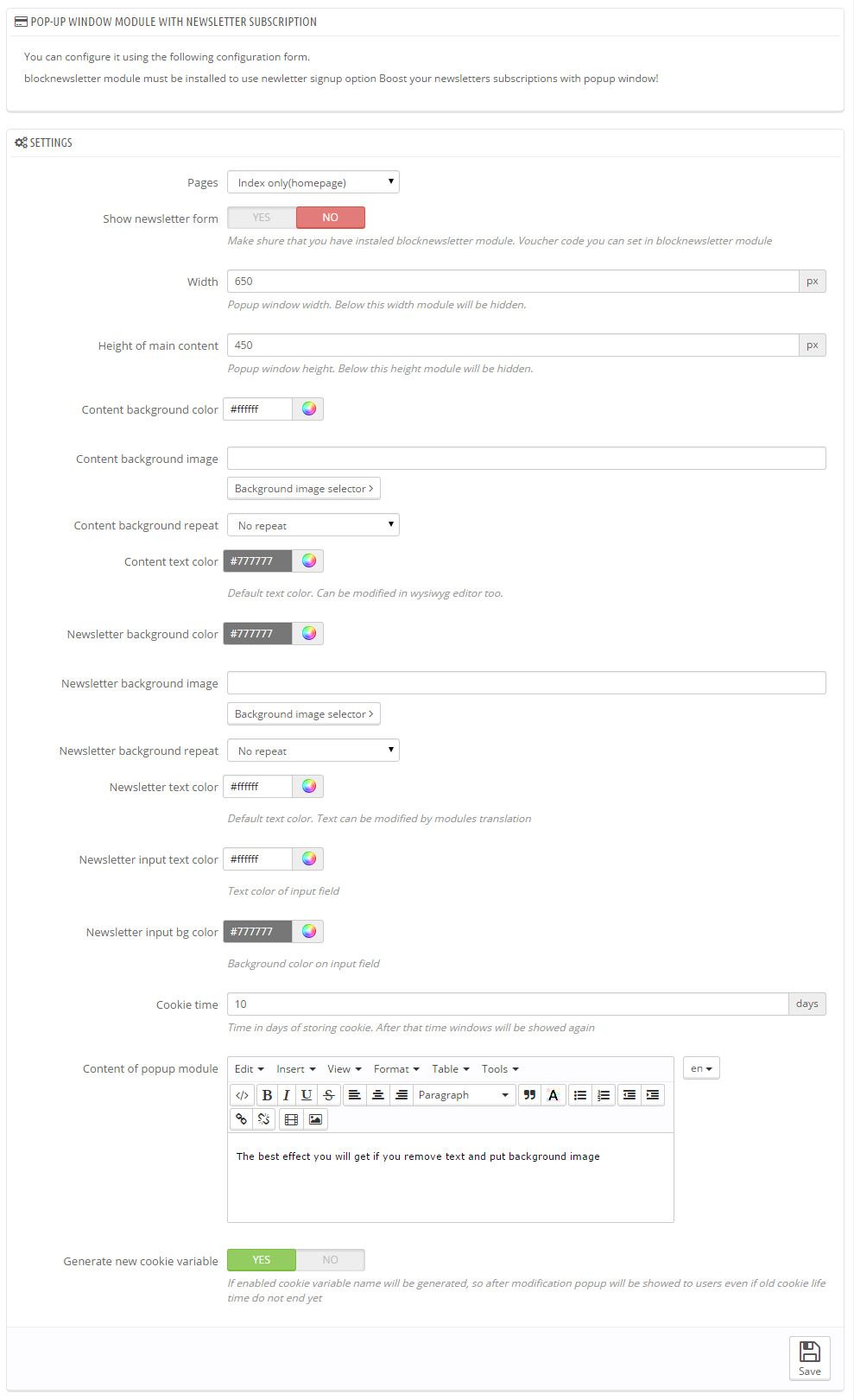 Popup window editor with newsletter - 1