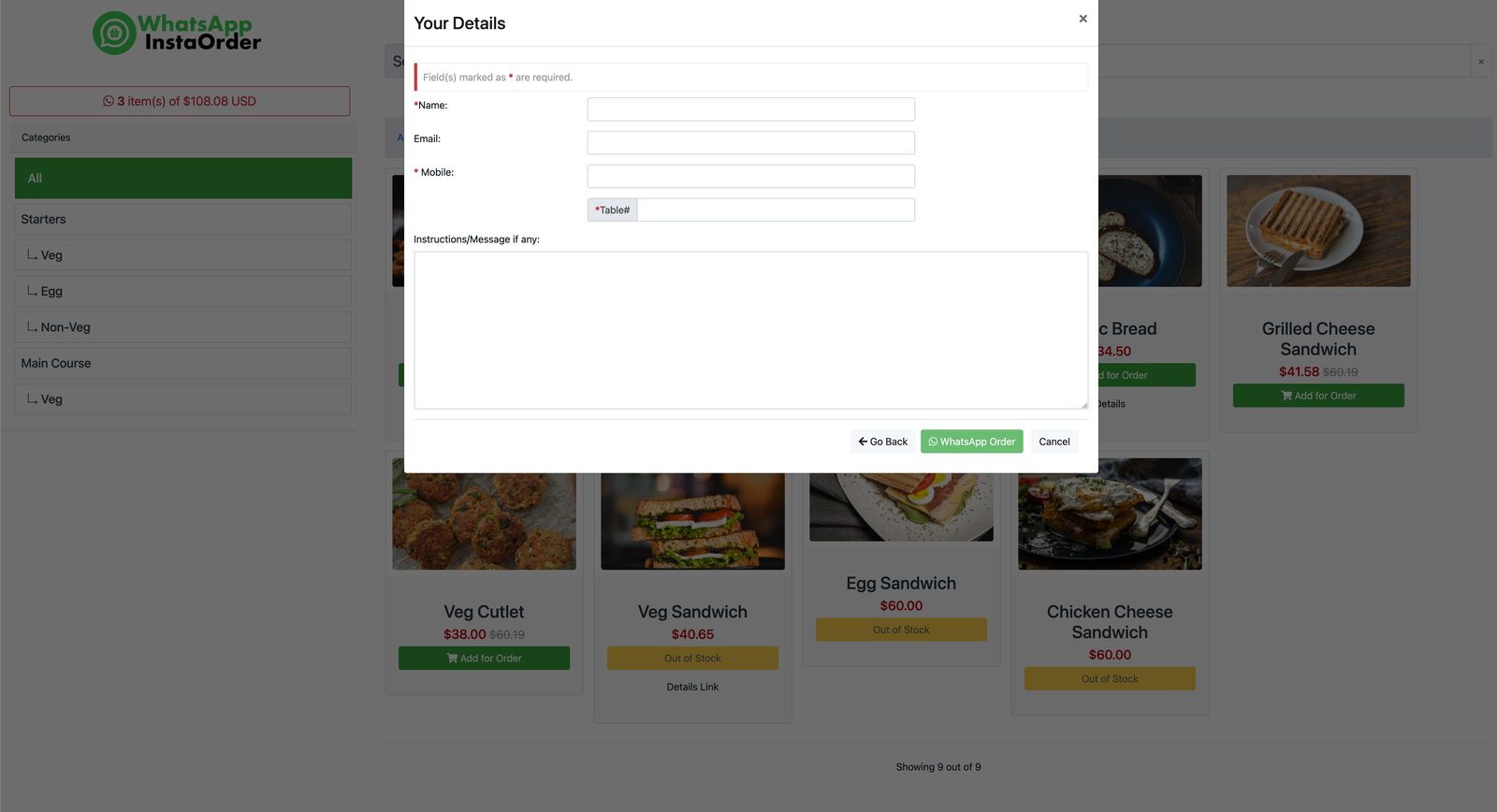 WhatsApp InstaOrder - For Table Order