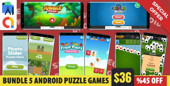 Bundle 5 Puzzle Android Studio Games with AdMob Ads Android  Mobile Games