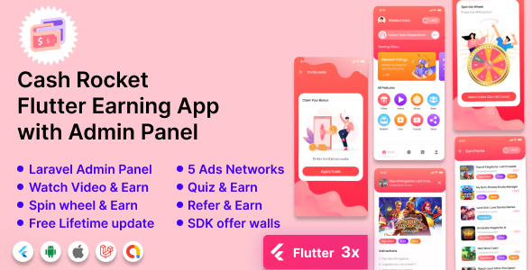 Cash Rocket – Flutter Earning App with Admin Panel Flutter  Mobile 