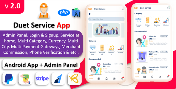 Duet Service App | On Demand Service | Service At Home | Service | Payment Gateways with Admin Panel Android  Mobile Full Applications