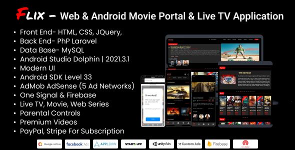 Flix- Web & Android Movie Portal & Live TV Application Android  Mobile Full Applications