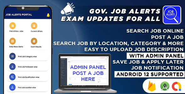 Government Job Alert Portal with Admin Panel for All Country, Sarkari Exam, Naukri Alert, Job Search Android  Mobile Full Applications