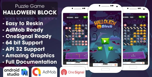 Halloween Block - Puzzle Game Android Studio Project with AdMob Ads + OneSignal + Ready to Publish Android  Mobile Games