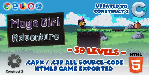 Mage Girl Adventure (Side Scrolling / Pixel Art) - HTML5 Construct 2/3 Game (.capx / .c3p)    Games