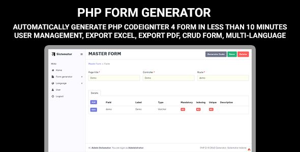 PHP Form Generator - Codeigniter 4 Form Master, Form Header Detail, User Management, Multi-language    Forms
