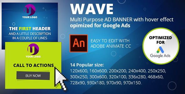 WAVE (Adobe Animate CC) Multi Purpose AD BANNER with hover effect. Opimized for Google Ads Ad Templates