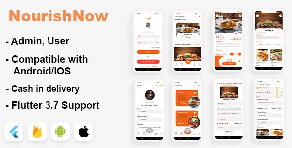 Flutter NourishNow : Full Android + iOS Multi-Restaurants Food Delivery App + Admin Panel