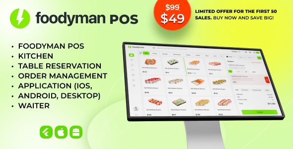 Foodyman Single POS + Kitchen + Table Reservation + Waiter Application (iOS, Android, Desktop)