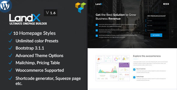 LandX Multipurpose WordPress Theme, Software Application Landing Pages Builder for